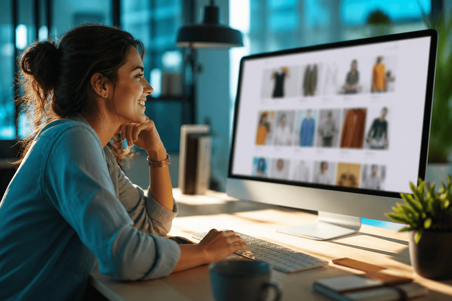 Bright workspace with a live site on screen — continuous updates