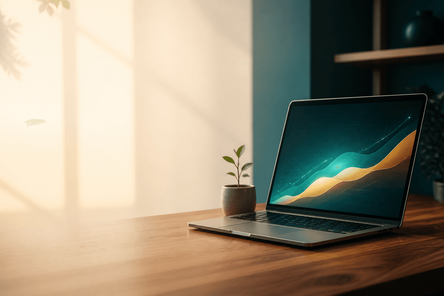 Cinematic desk with a glowing Cinch workspace and a living sprout
